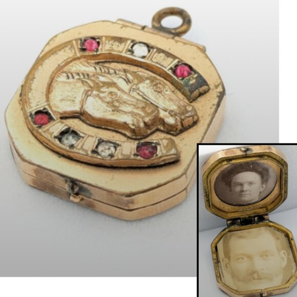 Antique Victorian horse locket pendant with photos, horseshoe, gold filled, luck - Picture 1 of 12